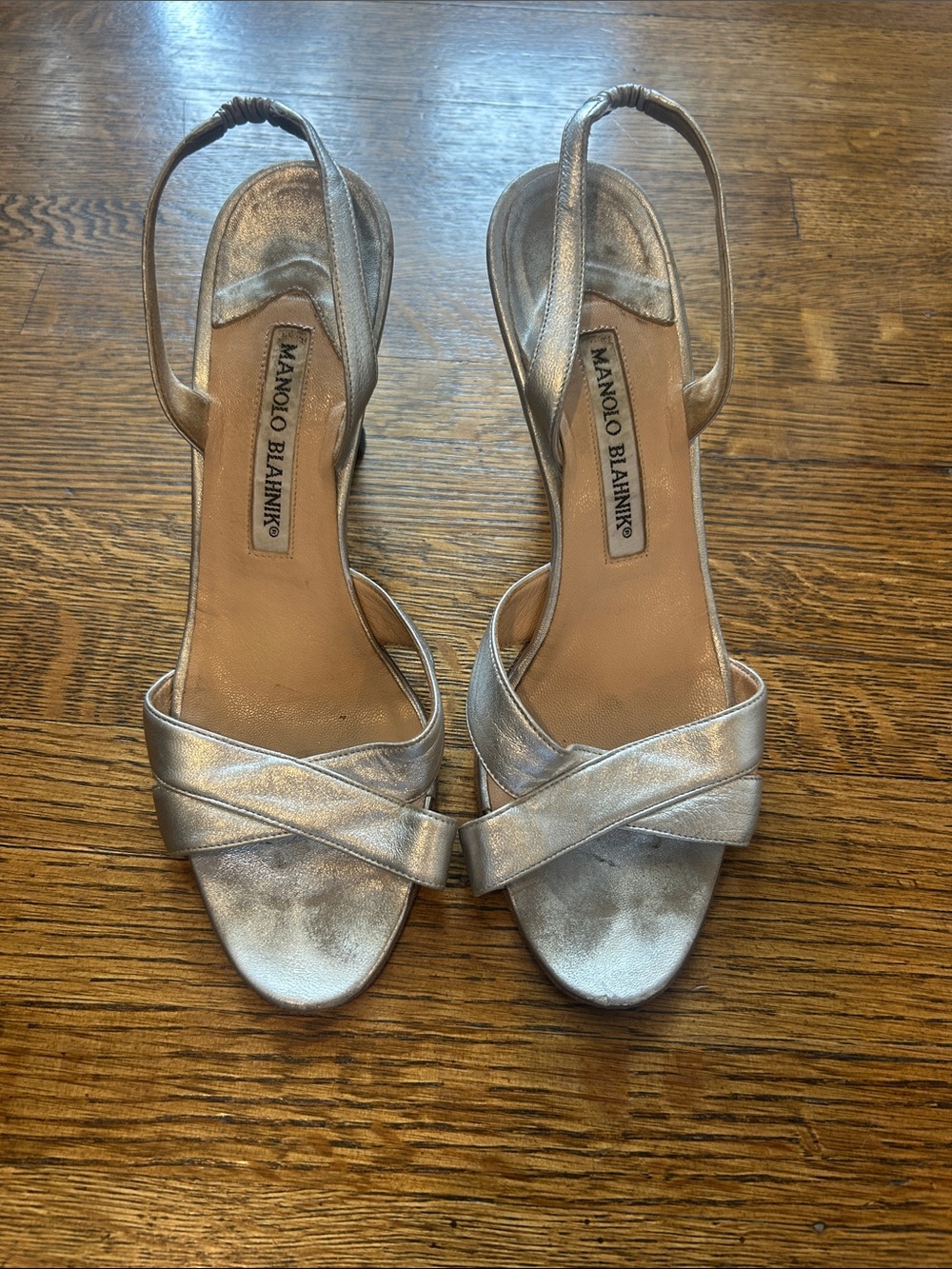Manolo Blahnik Metallic Silver Slingback Sandals
